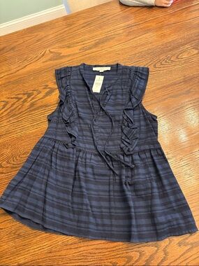 LOFT Navy Striped Ruffle Tie-Front Sleeveless Blouse XXS